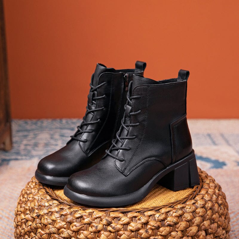 Autumn Winter Solid Leather Casual Low Heel Boots