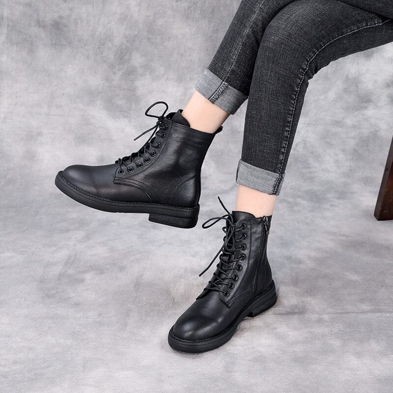 Autumn Winter Solid Retro Leather Black Boots