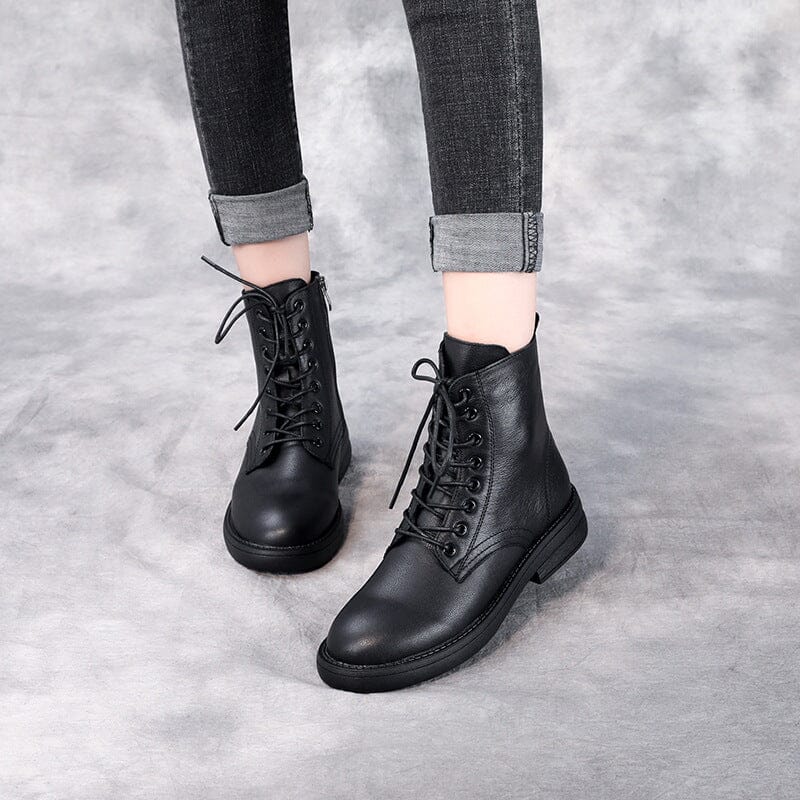 Autumn Winter Solid Retro Leather Black Boots