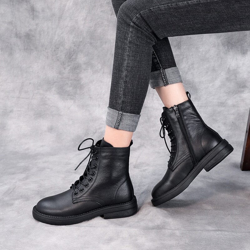 Autumn Winter Solid Retro Leather Black Boots