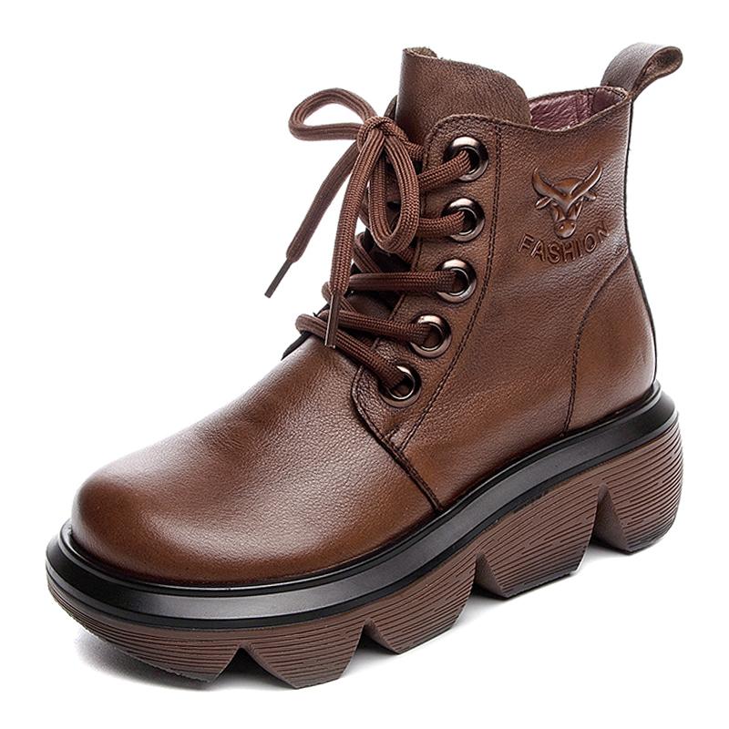 Autumn Winter Thick Sole Leather Retro Boots