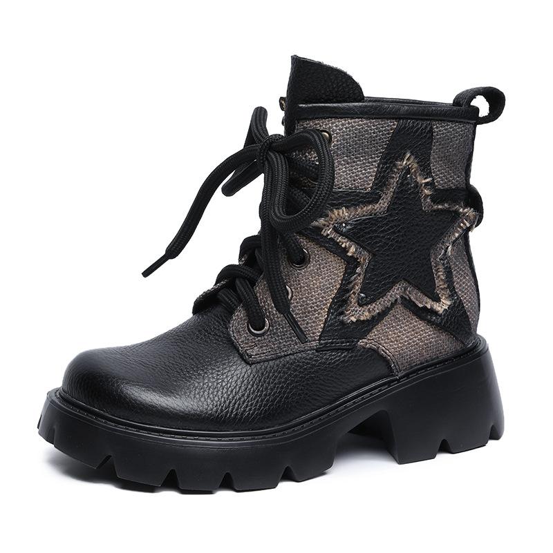 Autumn Winter Women Retro Patchwork Casual Leather Boots