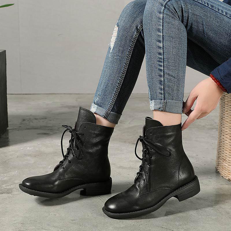 Autumn Winter Women Retro Plush Handmade Leather Boots