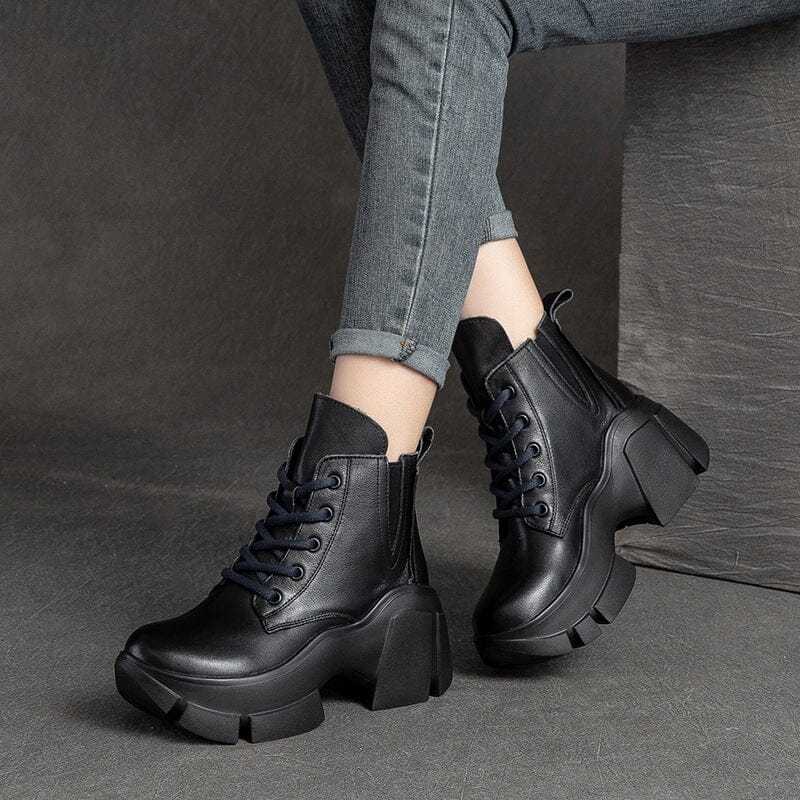 Autumn Women Retro Leather Chunky Platform Boots