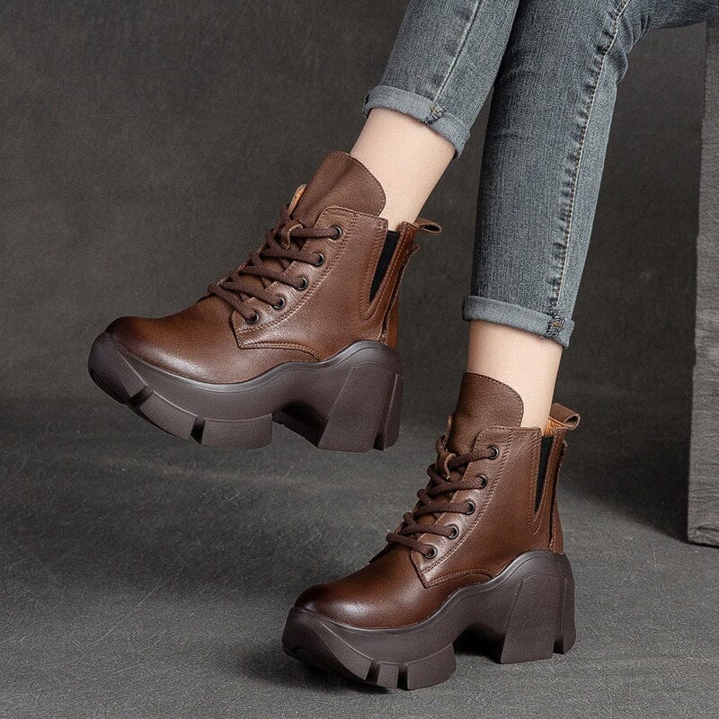 Autumn Women Retro Leather Chunky Platform Boots