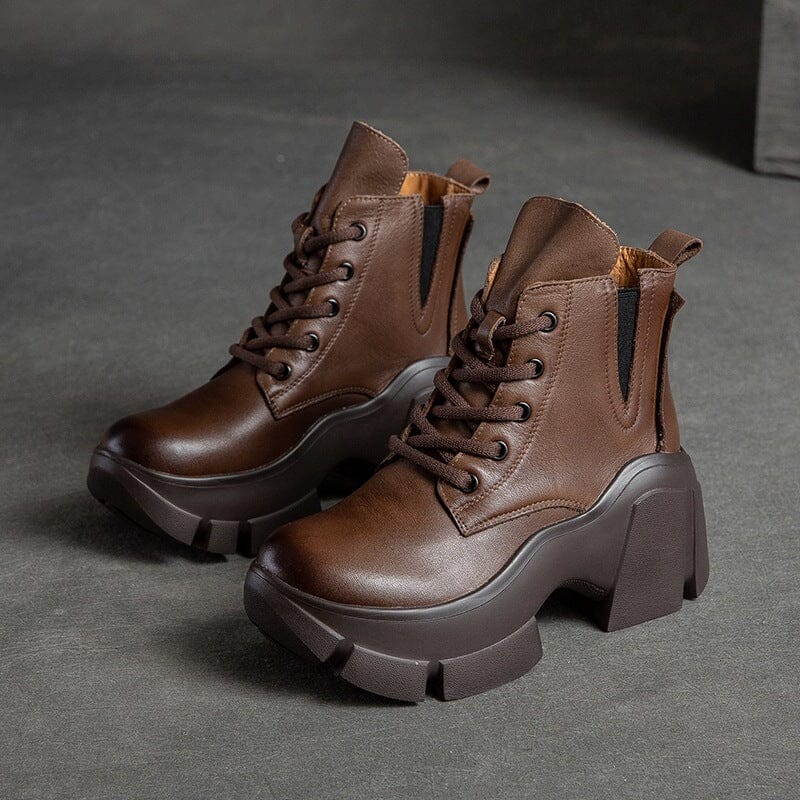 Autumn Women Retro Leather Chunky Platform Boots