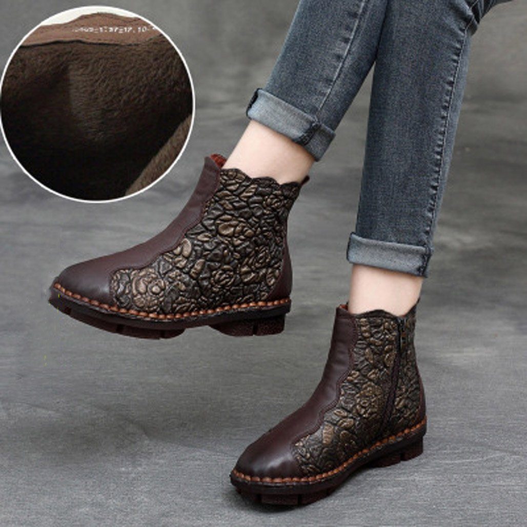 BABAKUD Autumn Winter Retro Leather Handmade Floral Women's Boots