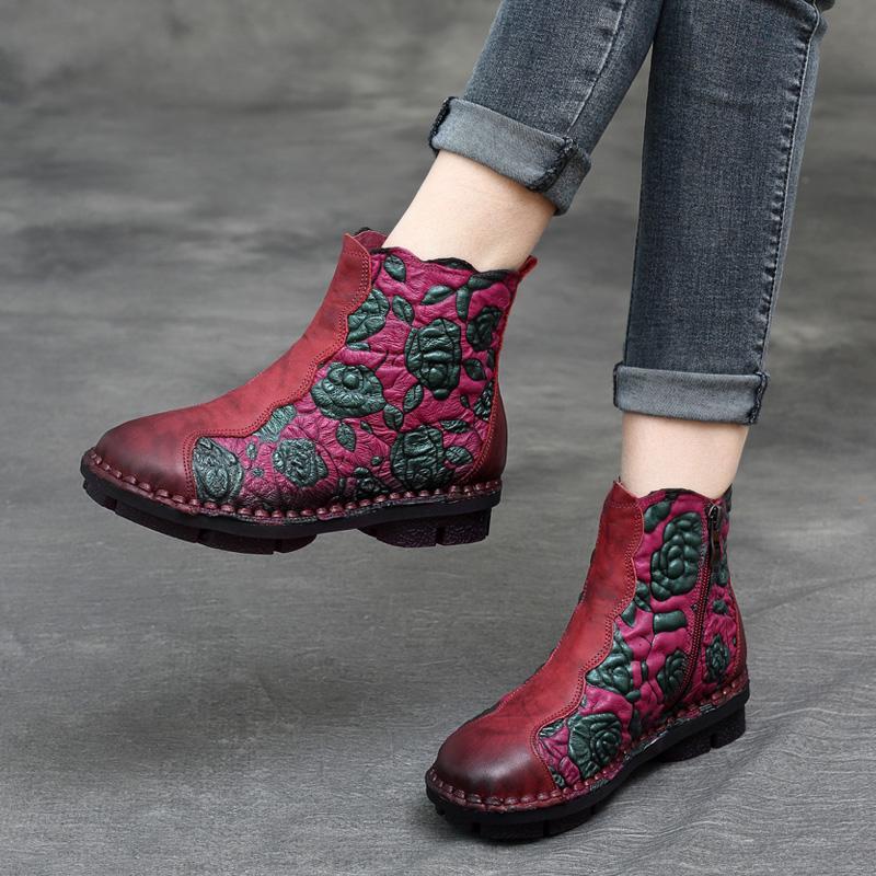 BABAKUD Autumn Winter Retro Leather Handmade Floral Women's Boots