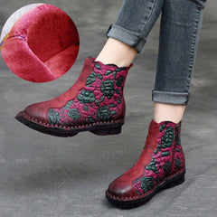 BABAKUD Autumn Winter Retro Leather Handmade Floral Women's Boots