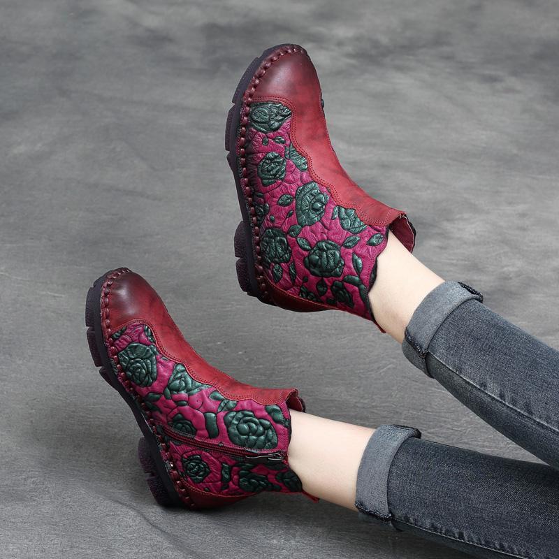 BABAKUD Autumn Winter Retro Leather Handmade Floral Women's Boots