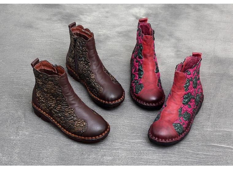 BABAKUD Autumn Winter Retro Leather Handmade Floral Women's Boots