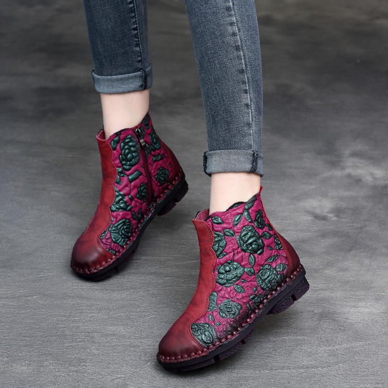 BABAKUD Autumn Winter Retro Leather Handmade Floral Women's Boots