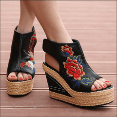 Babakud Ethnic Eembroidered Leather Women's Wedge High Heels Sandals