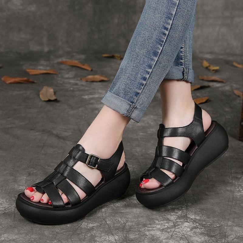 Babakud Leather Handmade Platform Summer Rome Buckle Sandals