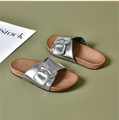 Women Leather Casual Flat Shoes with Rhinestone Buckle