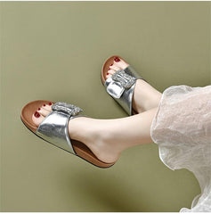 Women Leather Casual Flat Shoes with Rhinestone Buckle