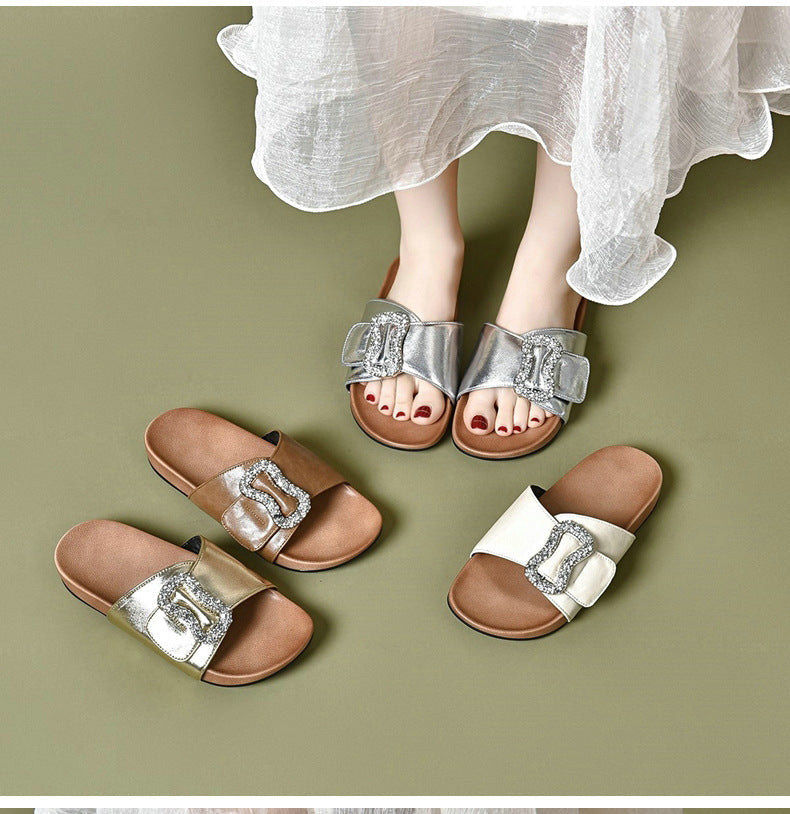 Women Leather Casual Flat Shoes with Rhinestone Buckle