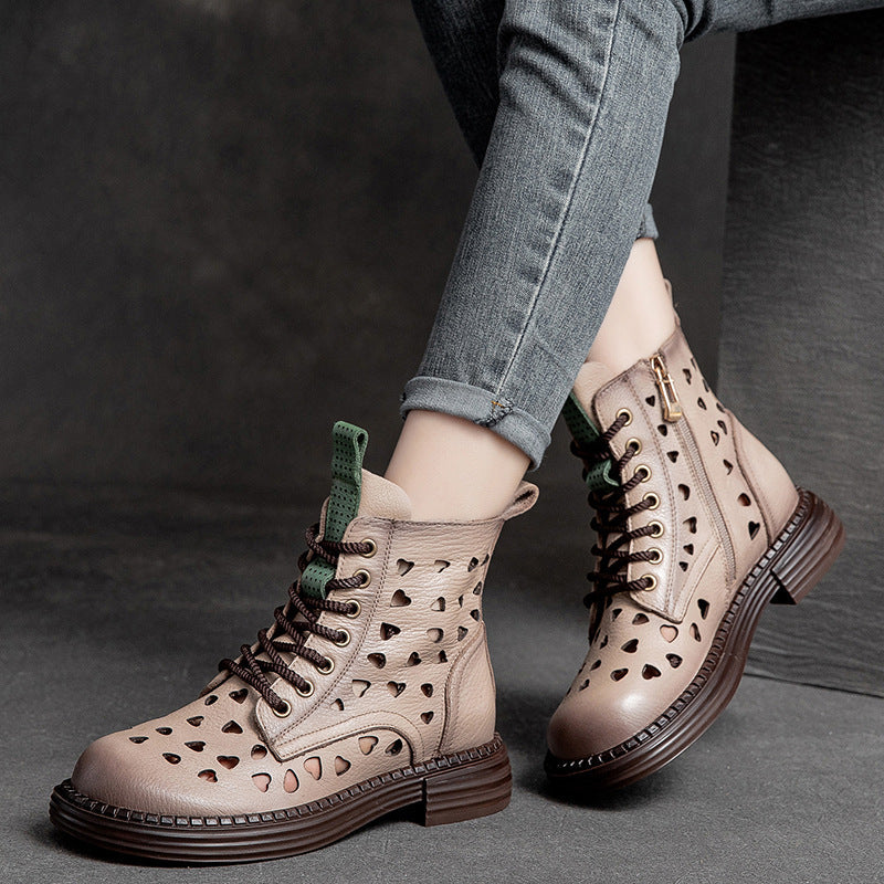 Women Summer Heart Hollow Retro Leather Boots