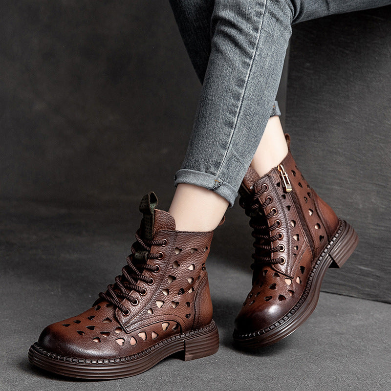 Women Summer Heart Hollow Retro Leather Boots