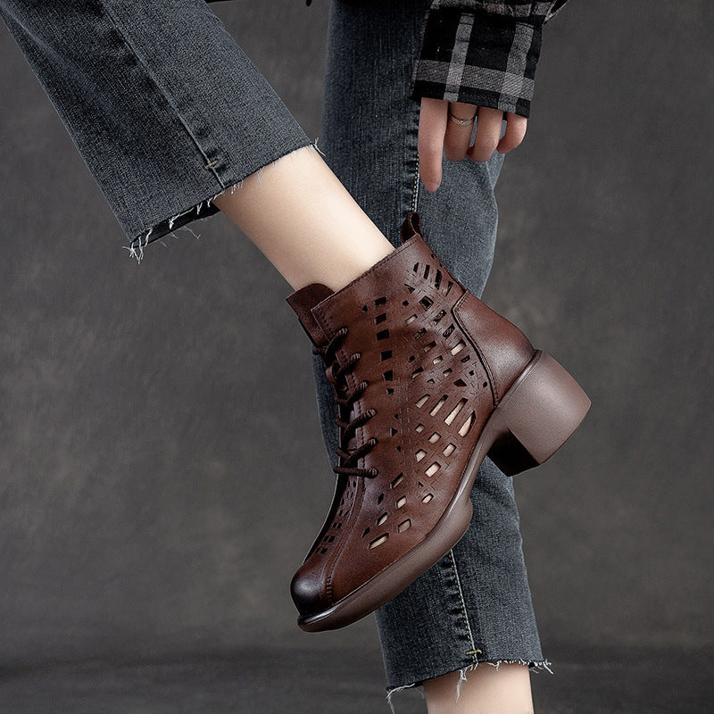 Women Summer Retro Leather Mid-Heel Boots