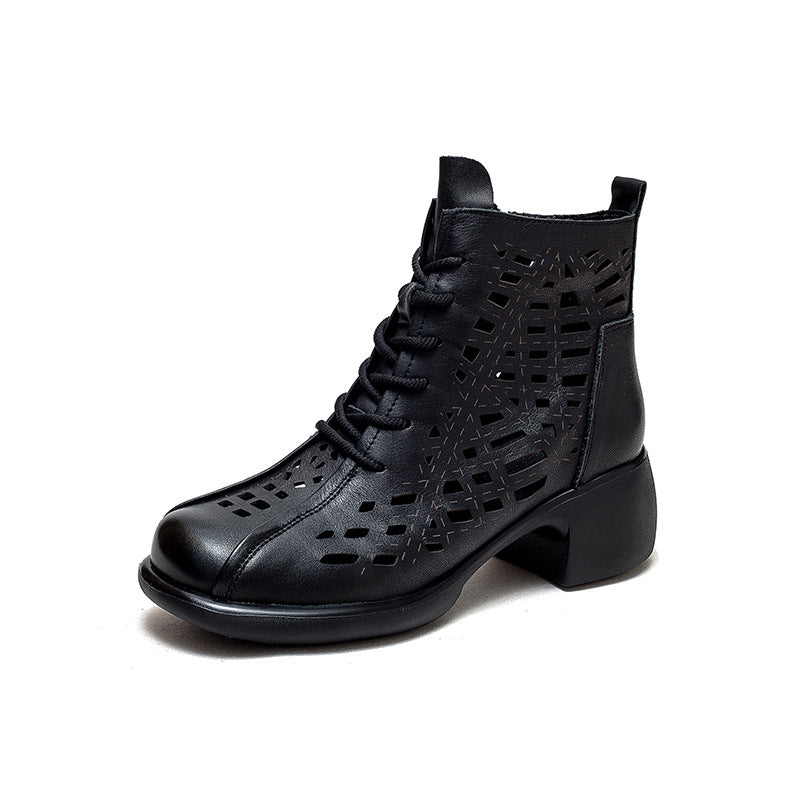 Women Summer Retro Leather Mid-Heel Boots