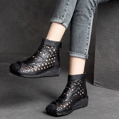 Women Platform Round-Toe Retro Leather Boots