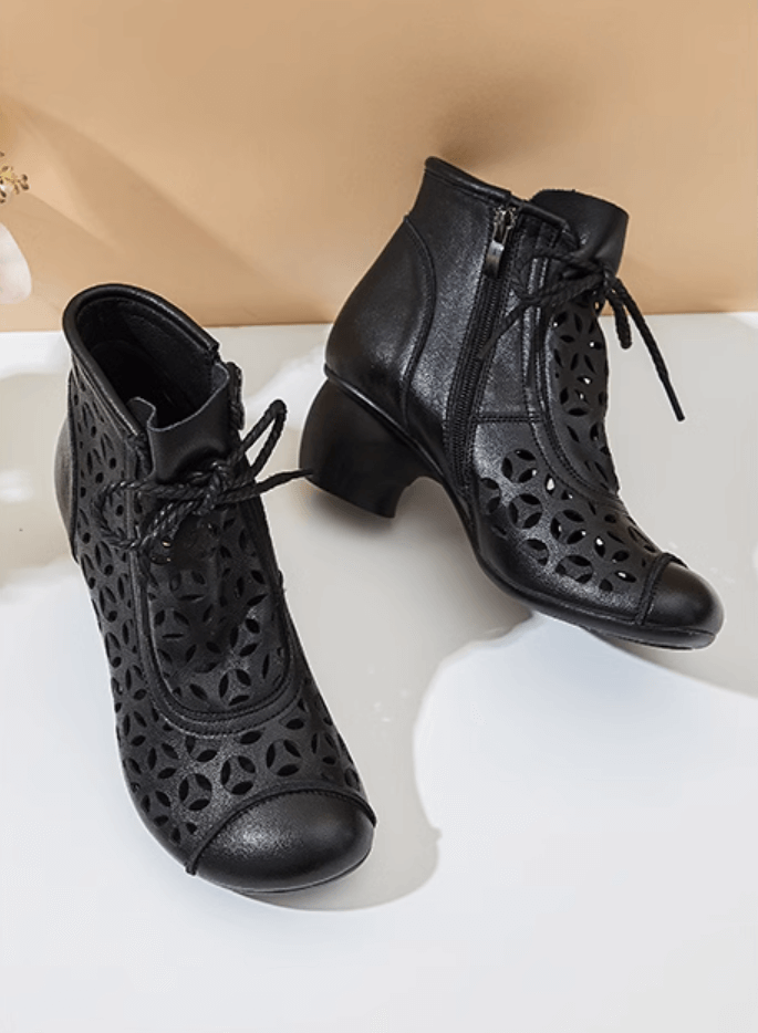 Women Soft Leather Wedge Black Hollow Boots White Ankle Boots