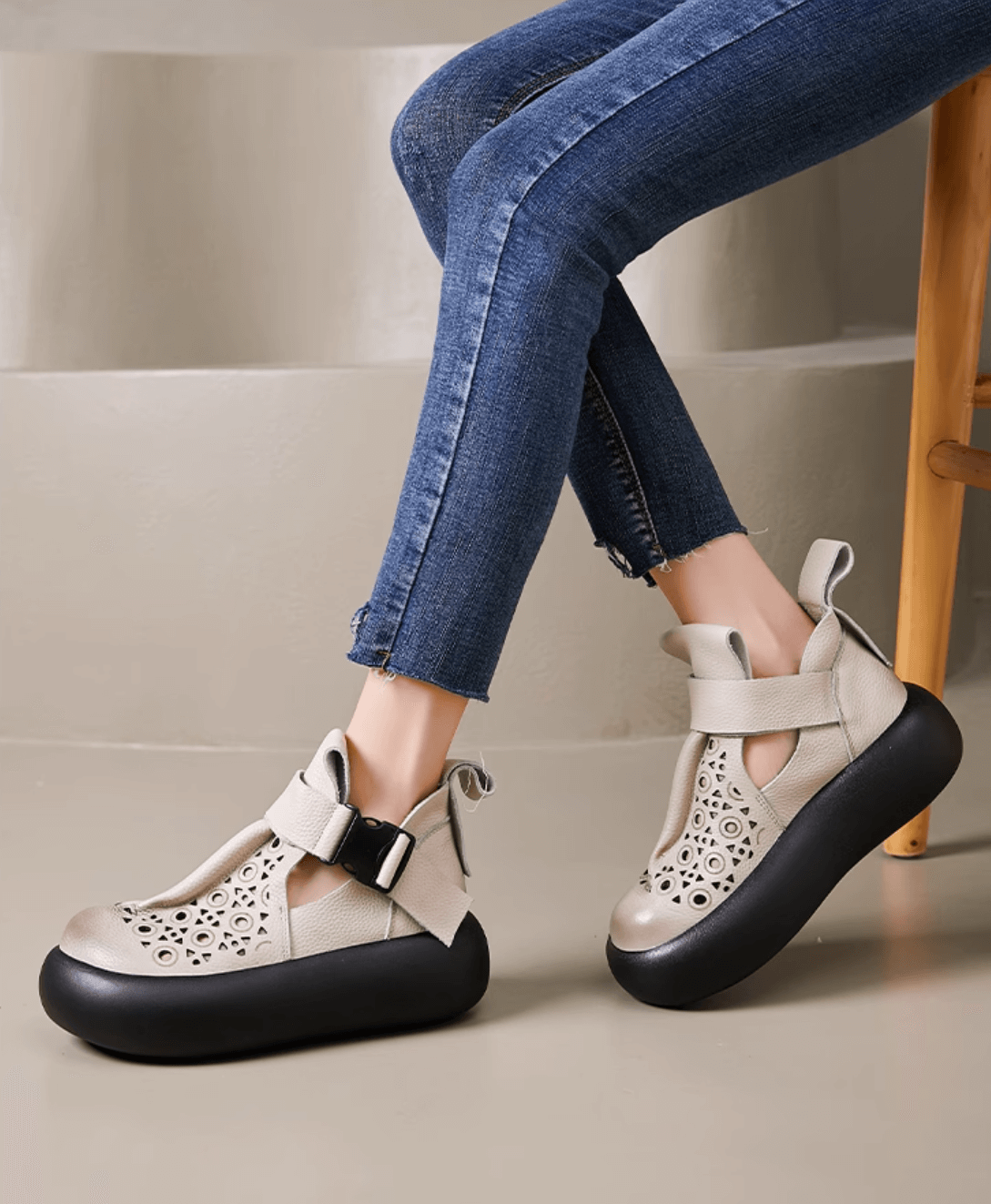 Women Summer Hollow Leather Wedge Boots