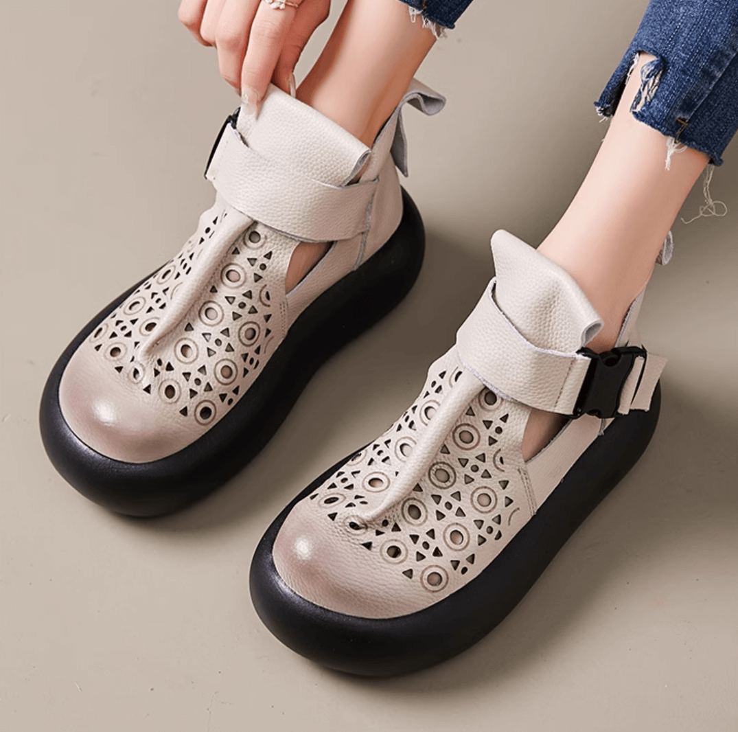 Women Summer Hollow Leather Wedge Boots