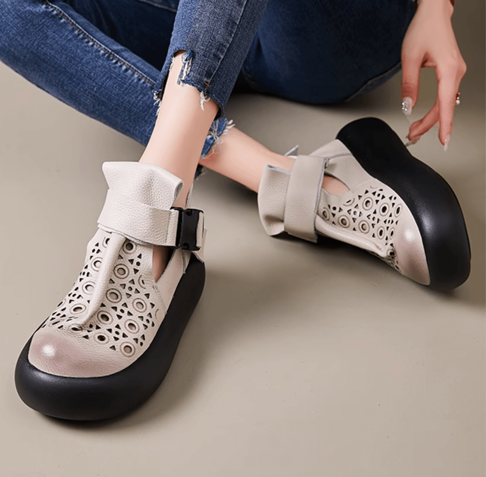 Women Summer Hollow Leather Wedge Boots