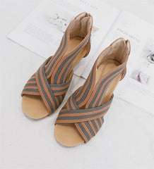 Bohemian Color Block Leather Wedge Sandals