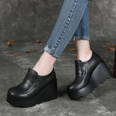 British Style Leather High Wedge Shoes