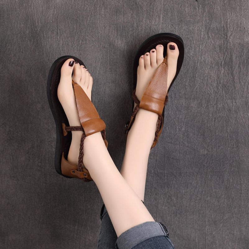 Clip Toe Buckle Flat Heel Handmade Leather Sandals