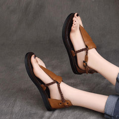 Clip Toe Buckle Flat Heel Handmade Leather Sandals