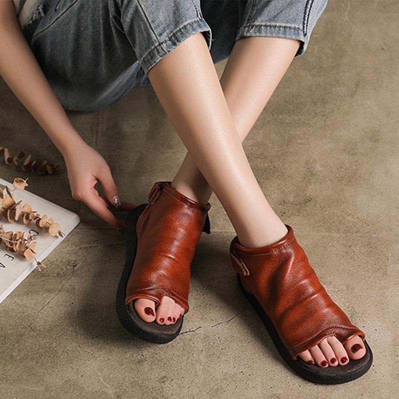 Cowhide Low Heel Clip Toe Summer Women Sandals