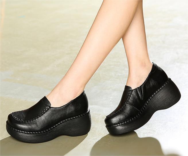 Elegant Leather Shoes Retro Platform Wedge Shoes