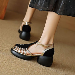 Fashion Color Block Hollow Chunky Heel Sandals