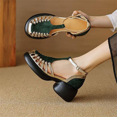 Fashion Color Block Hollow Chunky Heel Sandals