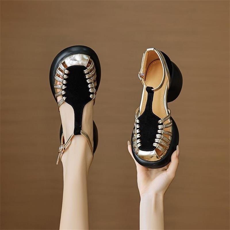 Fashion Color Block Hollow Chunky Heel Sandals