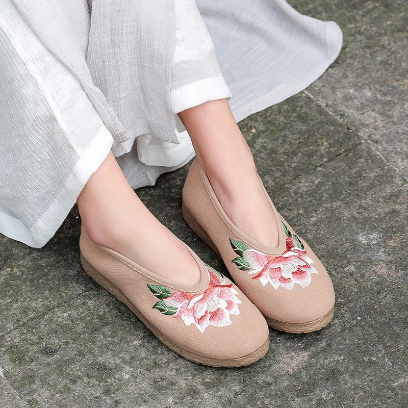 Floral Embroidered Vintage Linen Flat Casual Shoes