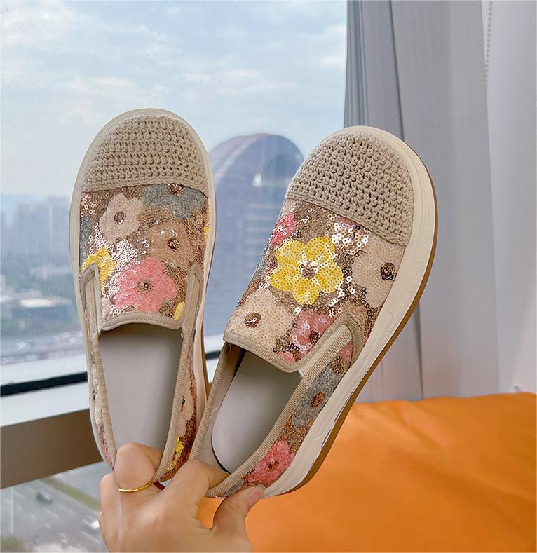 Floral Sequin Woven Slip-Ons Women Canvas Shoes