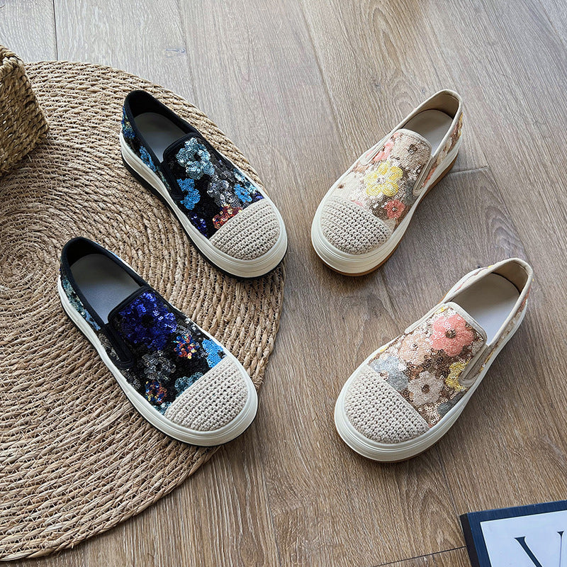 Floral Sequin Woven Slip-Ons Women Canvas Shoes