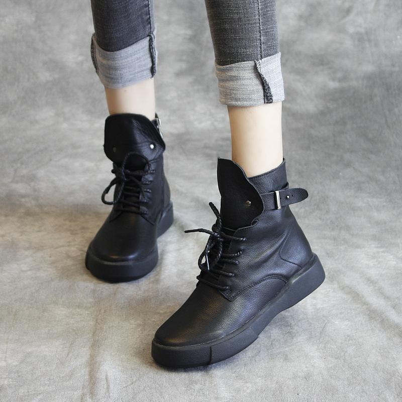 Leather Buckle Lace-up Ankle Boots