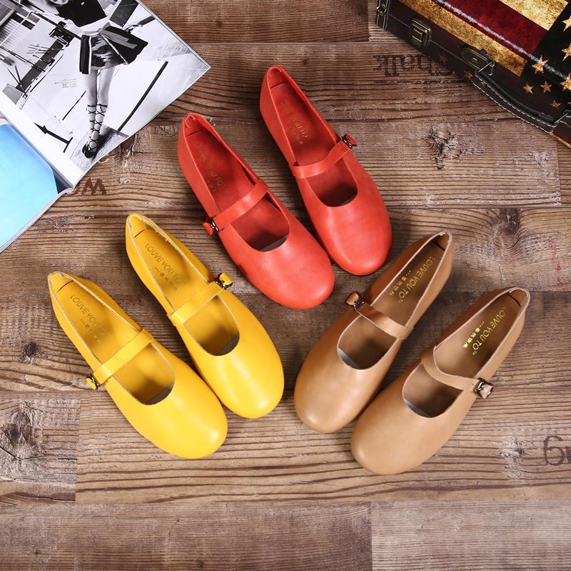 Leather Buckle Retro Handmade Flat Shoes 34-41