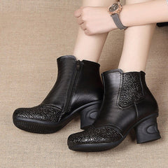 Leather Embossed Side Zippers Women Boots