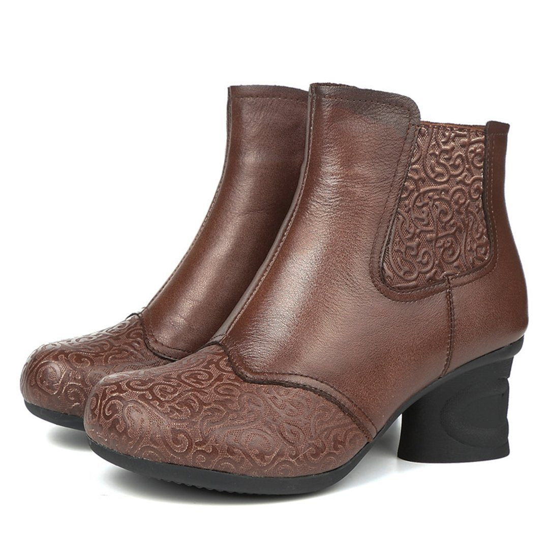 Leather Embossed Side Zippers Women Boots