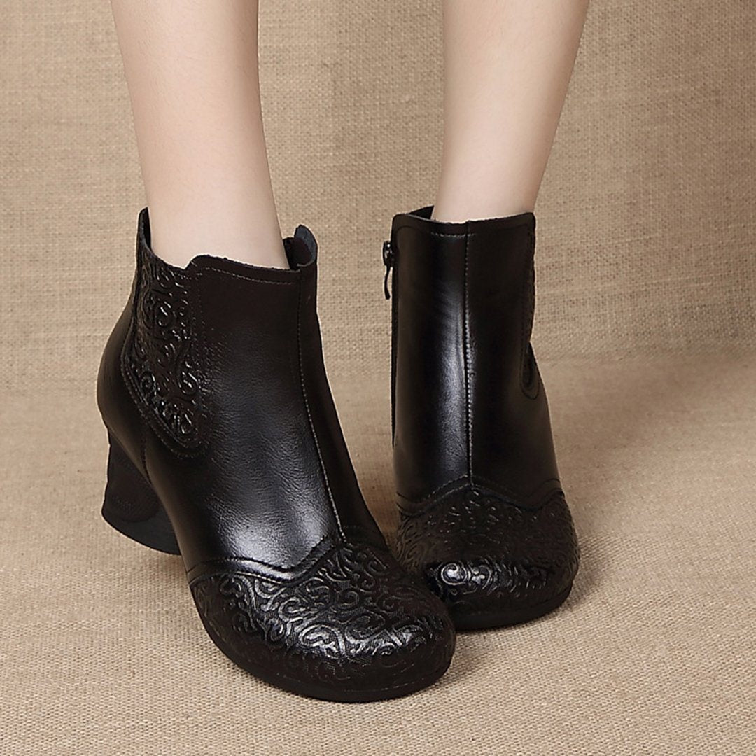 Leather Embossed Side Zippers Women Boots