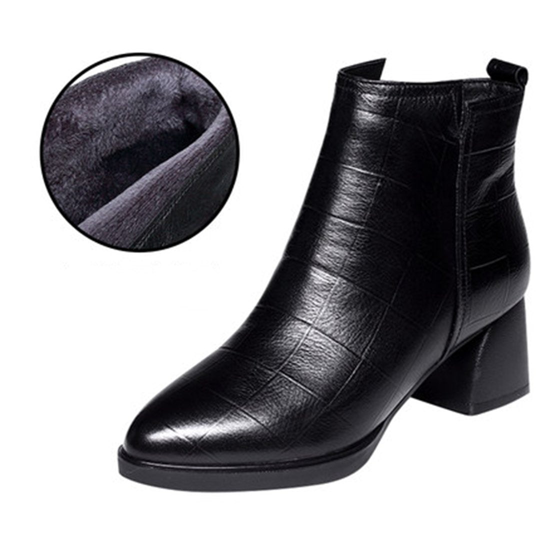 Leather Grid Chunky Heel Boots With Side Zippers