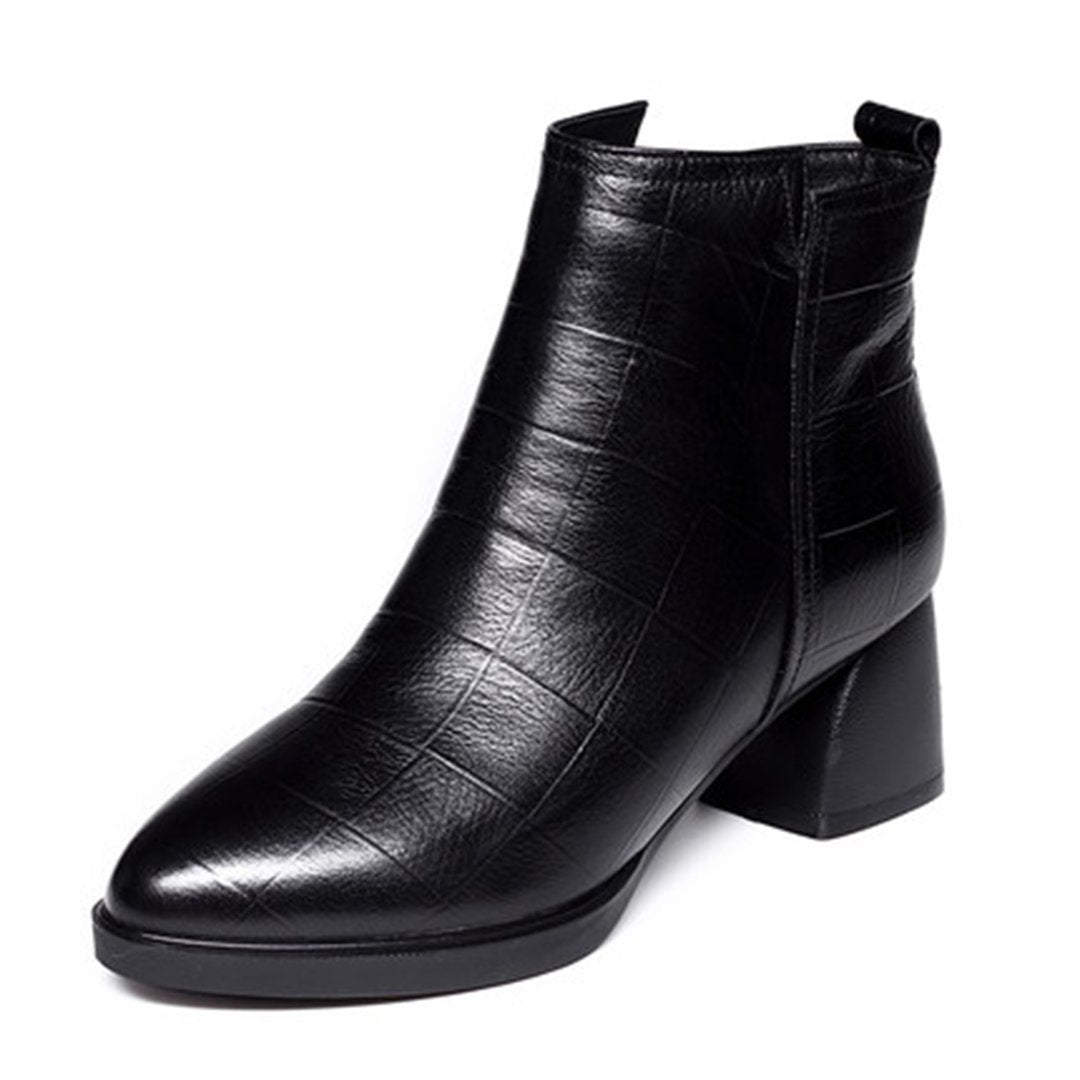 Leather Grid Chunky Heel Boots With Side Zippers