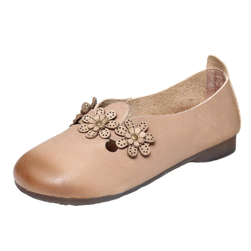 Leather handmade flower low-heel flat shoes